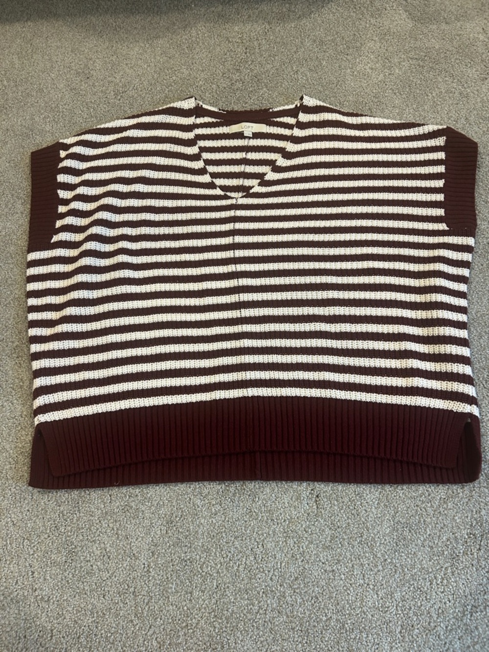LOFT Burgundy and White Striped V-Neck Sweater Vest